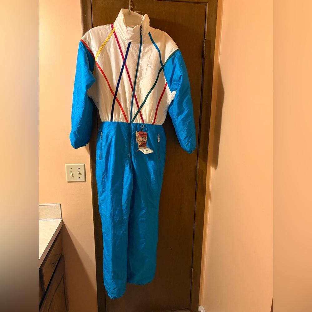 Bogner vintage white & blue rainbow 80s ski snowsuit